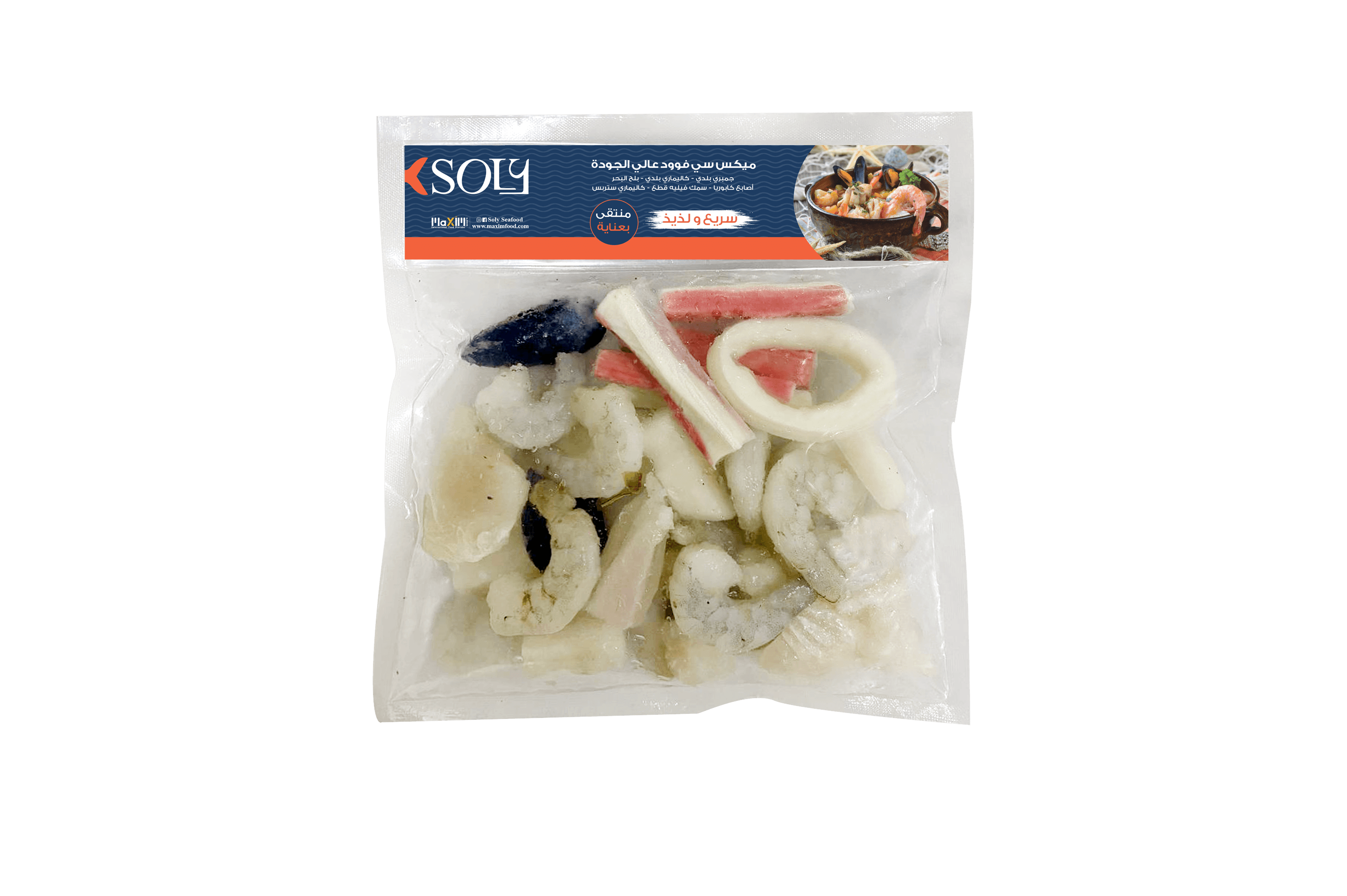 Soly Seafood mix web Mix seafood: Shrimps, Mussels, Calamari, fish fillet and Surimi crab legs fusion
